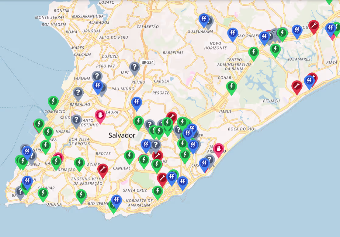 Mapa de pontos de recarga em Salvador