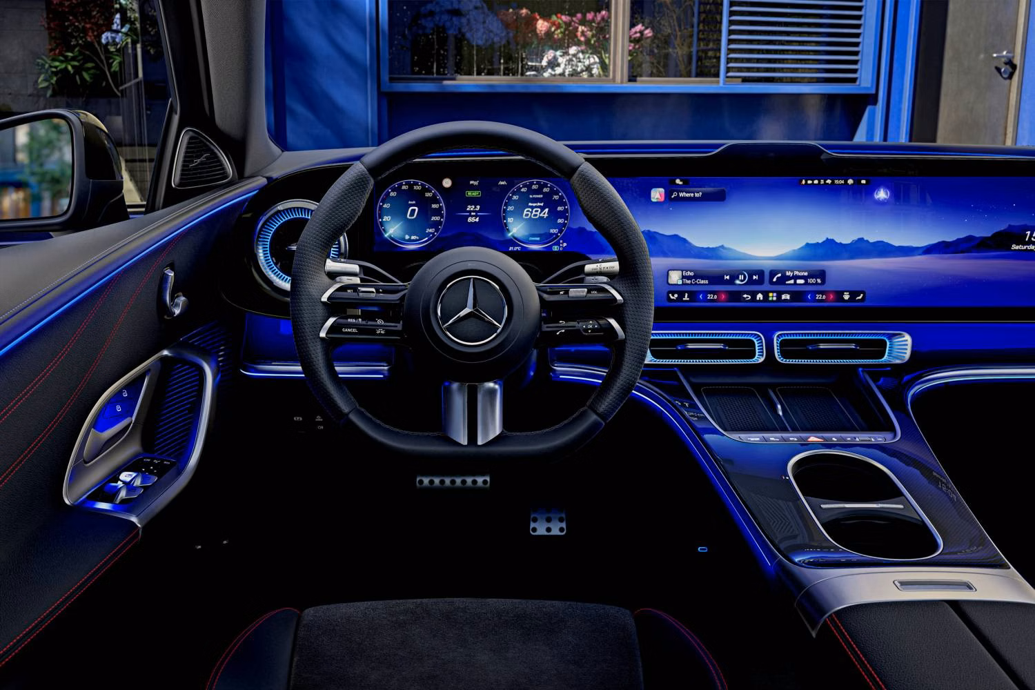 Volante do Mercedes Classe C elétrico em close