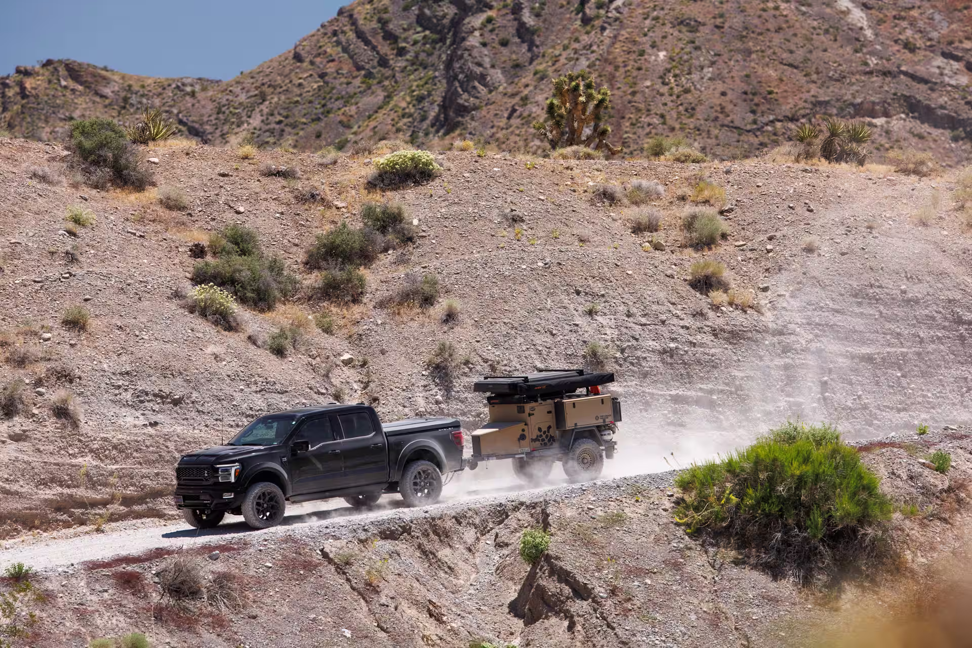 Shelby F-150 Baja Raptor na cor azul em movimento no deserto demonstrando seu visual agressivo