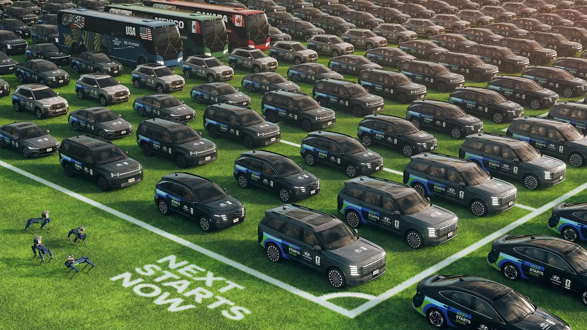 Grande frota Hyundai com veículos, ônibus e robôs em campo estilizado da Copa do Mundo 2026