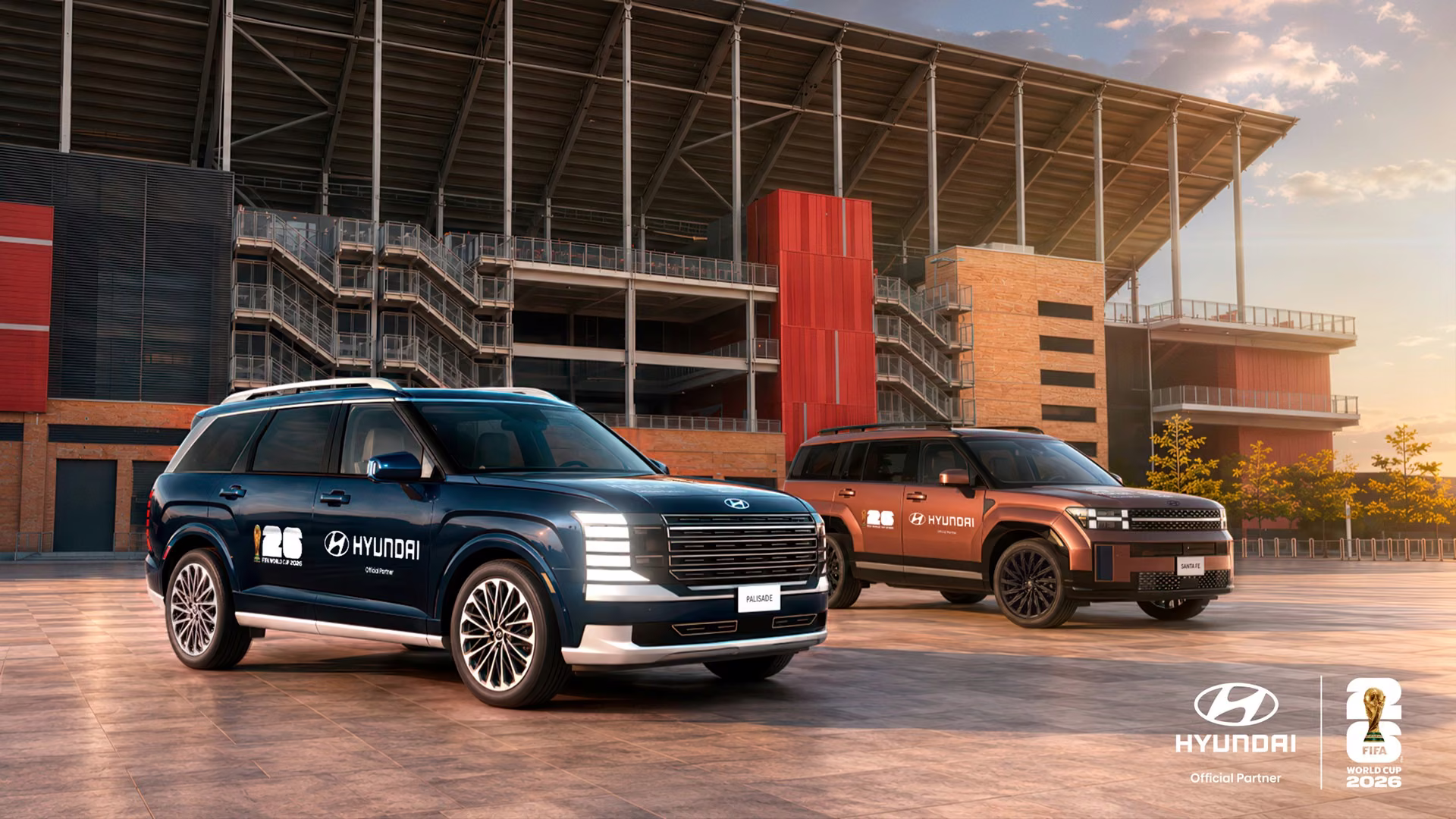 Hyundai Palisade e Santa Fe personalizados para a Copa do Mundo 2026 diante de estádio