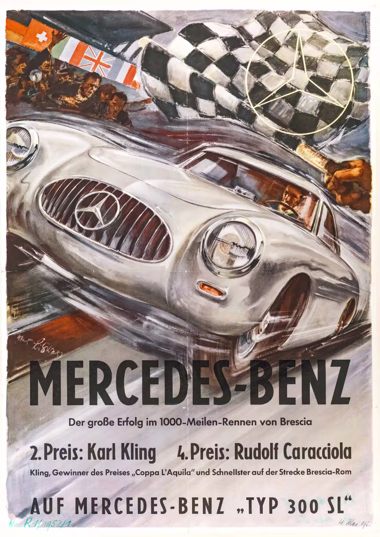 Detalhe de Mercedes-Benz clássico associado à Mille Miglia